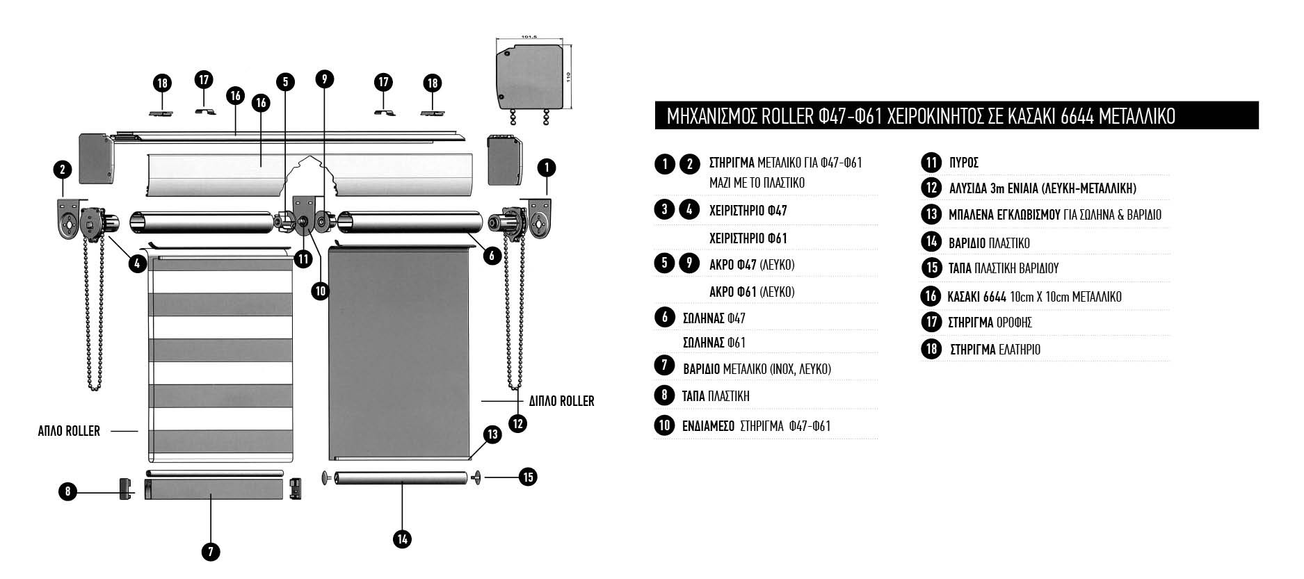 Μηχανισμός Roller Φ47 -Φ61 Χειροκίνητος σε κασάκι 6644 - Μεταλλικό